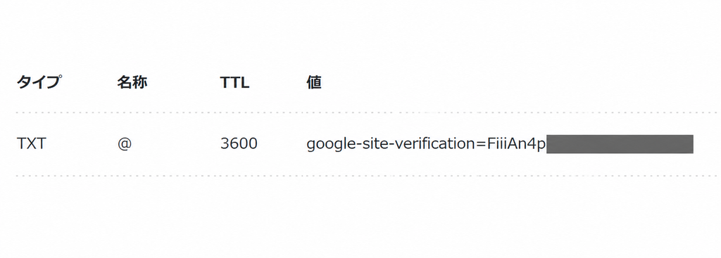 ConoHa WINGのDNS設定画面。Search Consoleの所有権確認用TXTレコードを追加した状態